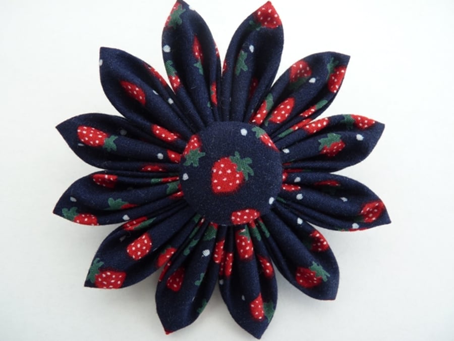 Corsage Brooch Navy Blue Fabric & Strawberry Print