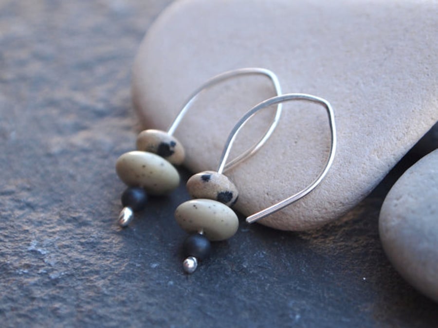 Dalmatian jasper & jade silver drop earrings