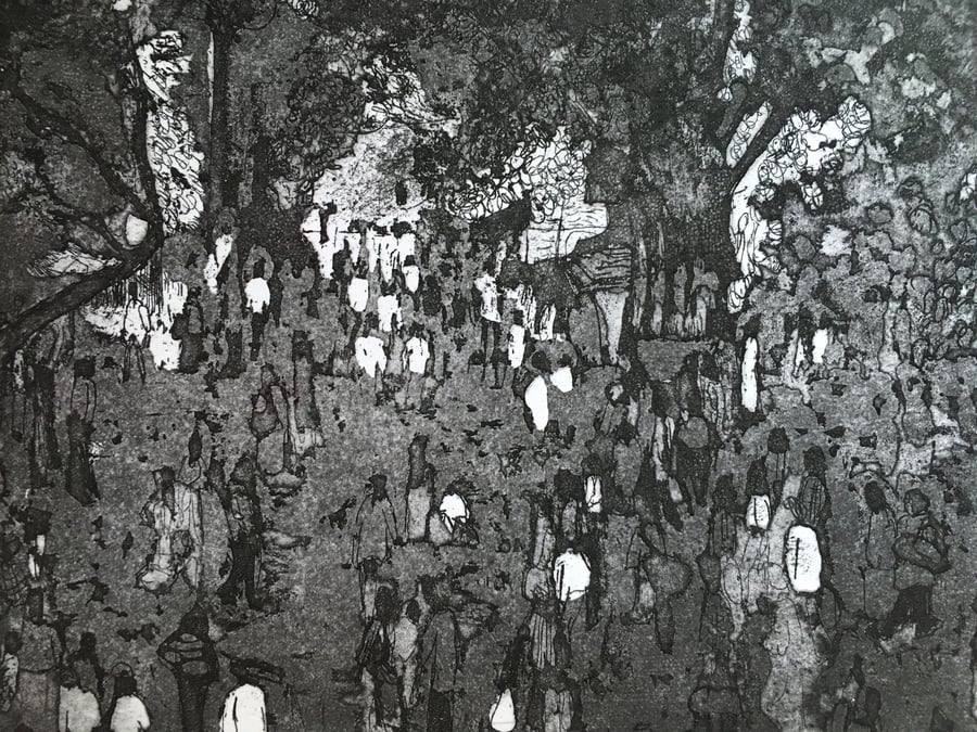 Crowd Outside Station, black & white etching with aquatint Indian Railway series