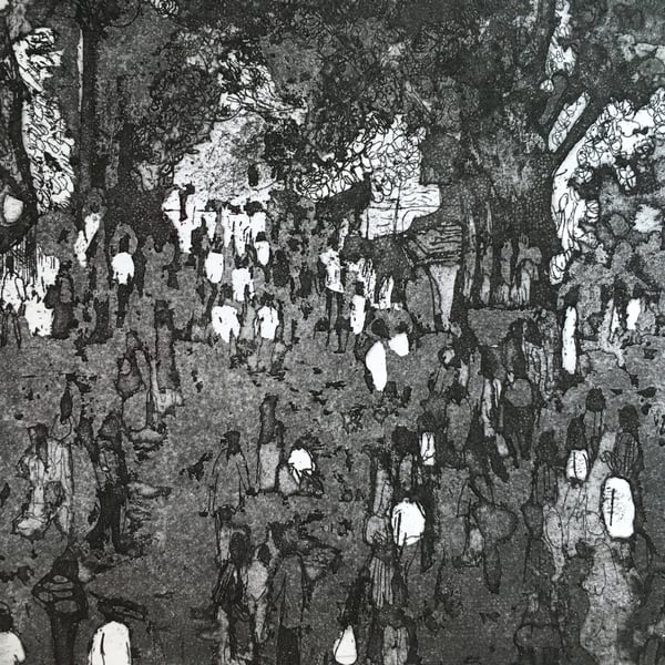 Crowd Outside Station, black & white etching with aquatint Indian Railway series