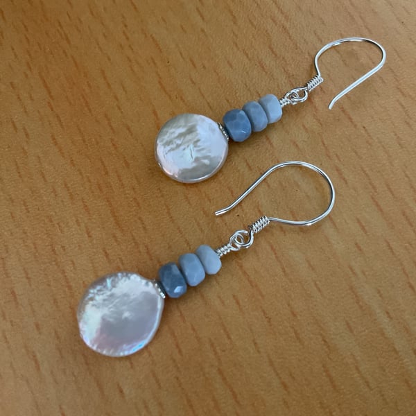 White freshwater pearl and Pigeon Opal Sterling silver gemstone earrings