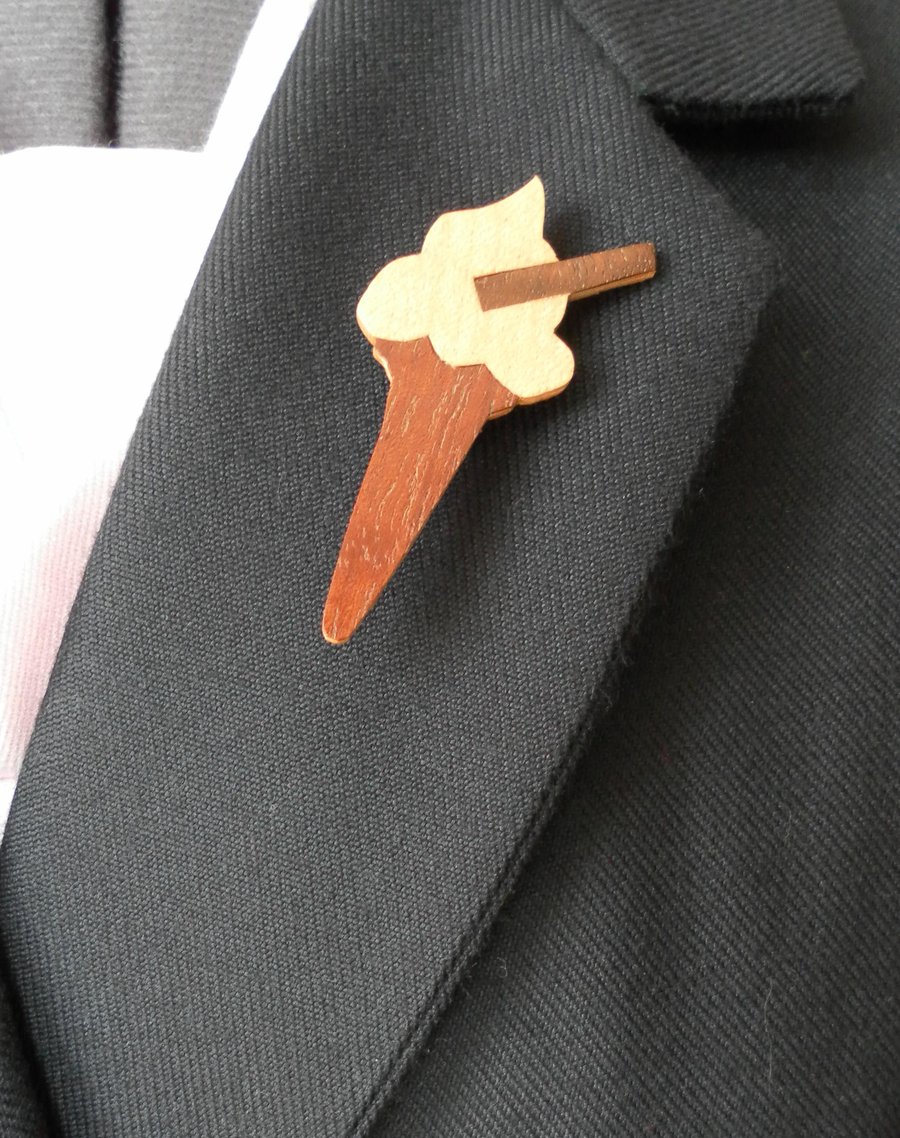 Hand Cut Wood Veneers, Marquetry Brooch, Ice Cream