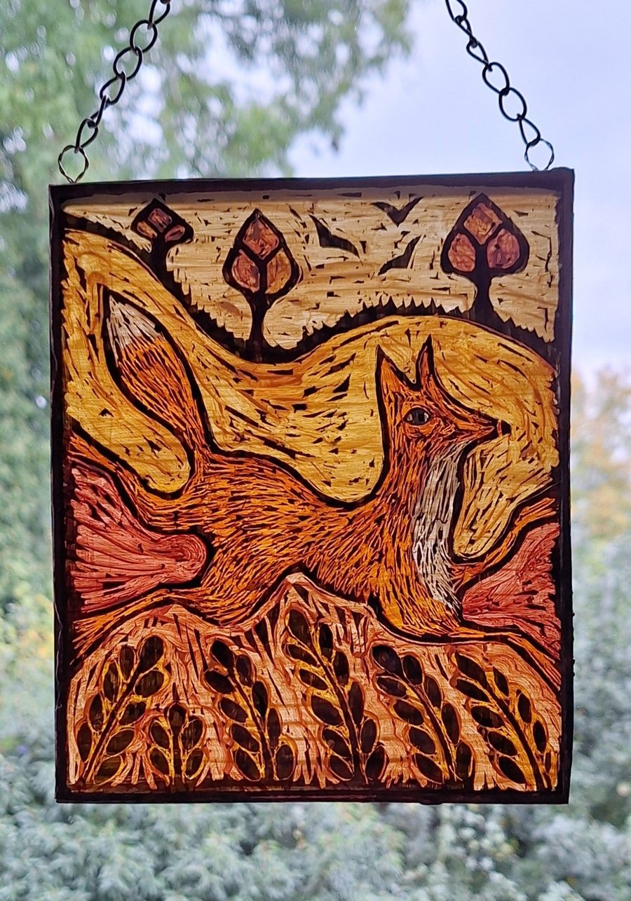 GLASS FOX SUNCATCHER WINDOW PANEL  HAND PAINTED FOX. 8 x 6 inches.