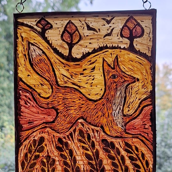 GLASS FOX SUNCATCHER WINDOW PANEL  HAND PAINTED FOX. 8 x 6 inches.