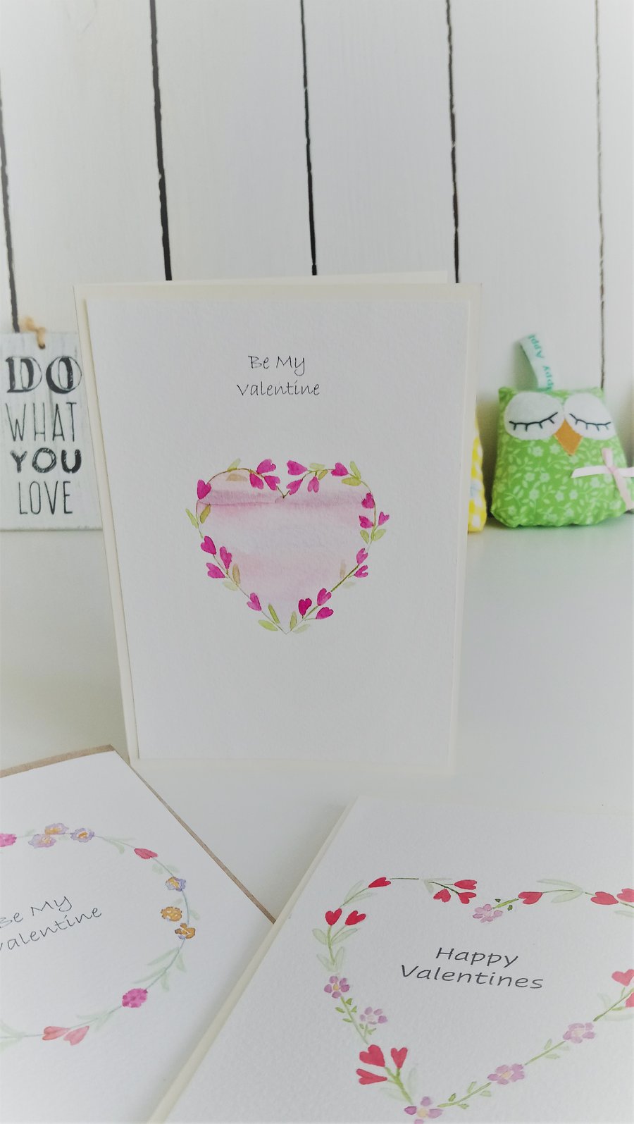 Original Hand Painted Valentine Card with Pink Flower Wreath