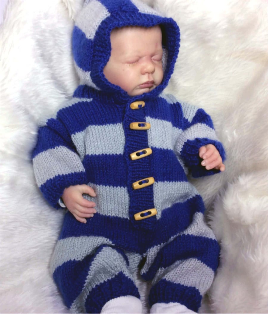 Hand-Knitted Hooded Romper - 0-3 months (19-22in Reborn)