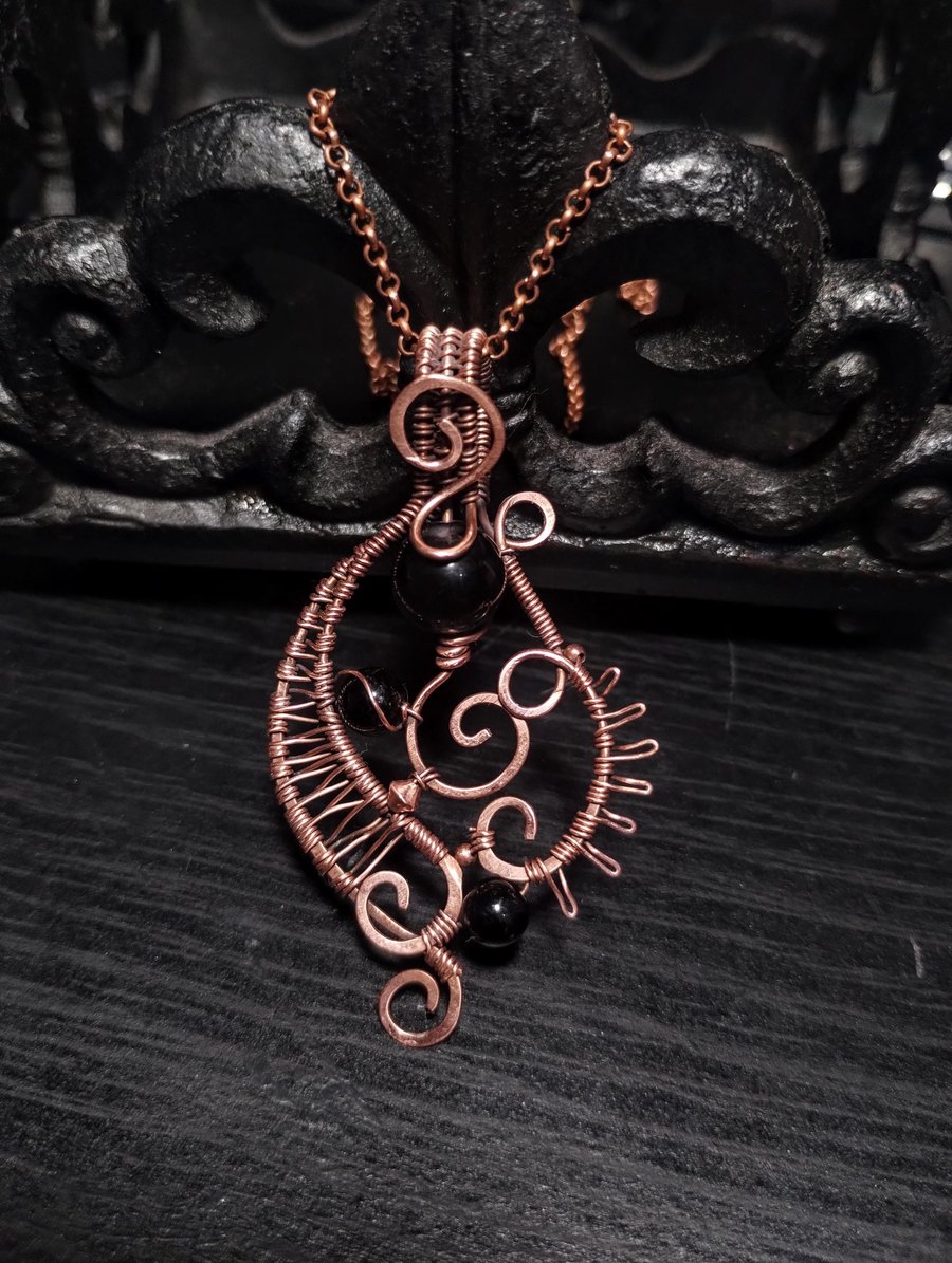 Copper Onyx WireWrap Gothic Pendant, Steampunk Goth WireWrapped Gemstone