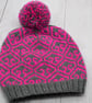 Hand Knitted Pink & Grey Bobble Hat – Fleur de Lis Design – Extra Small Adult - Image 2