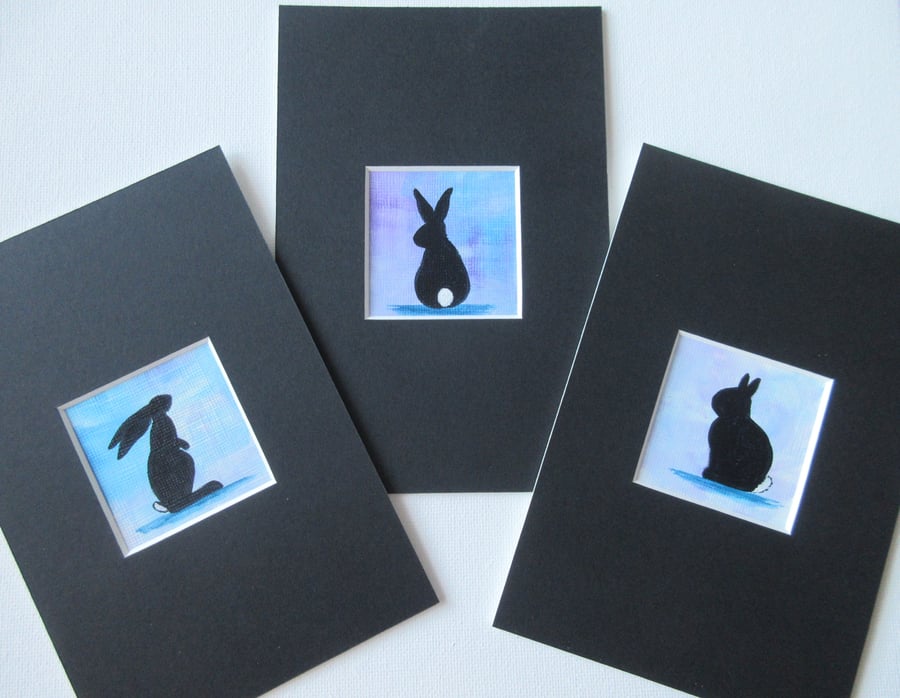 Miniature Painting Bunny Silhouette Rabbit Art x 3