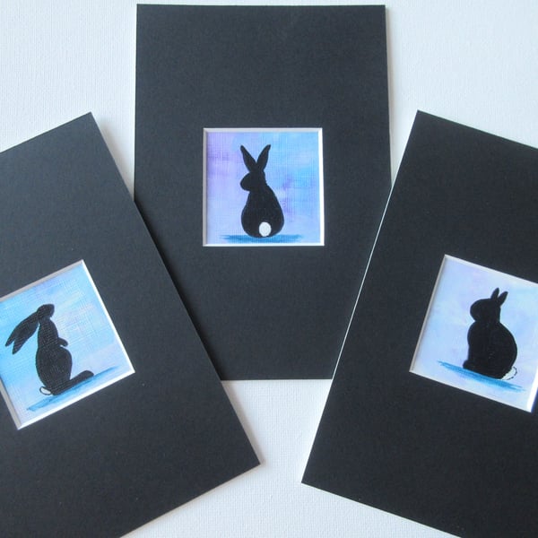 Miniature Painting Bunny Silhouette Rabbit Art x 3