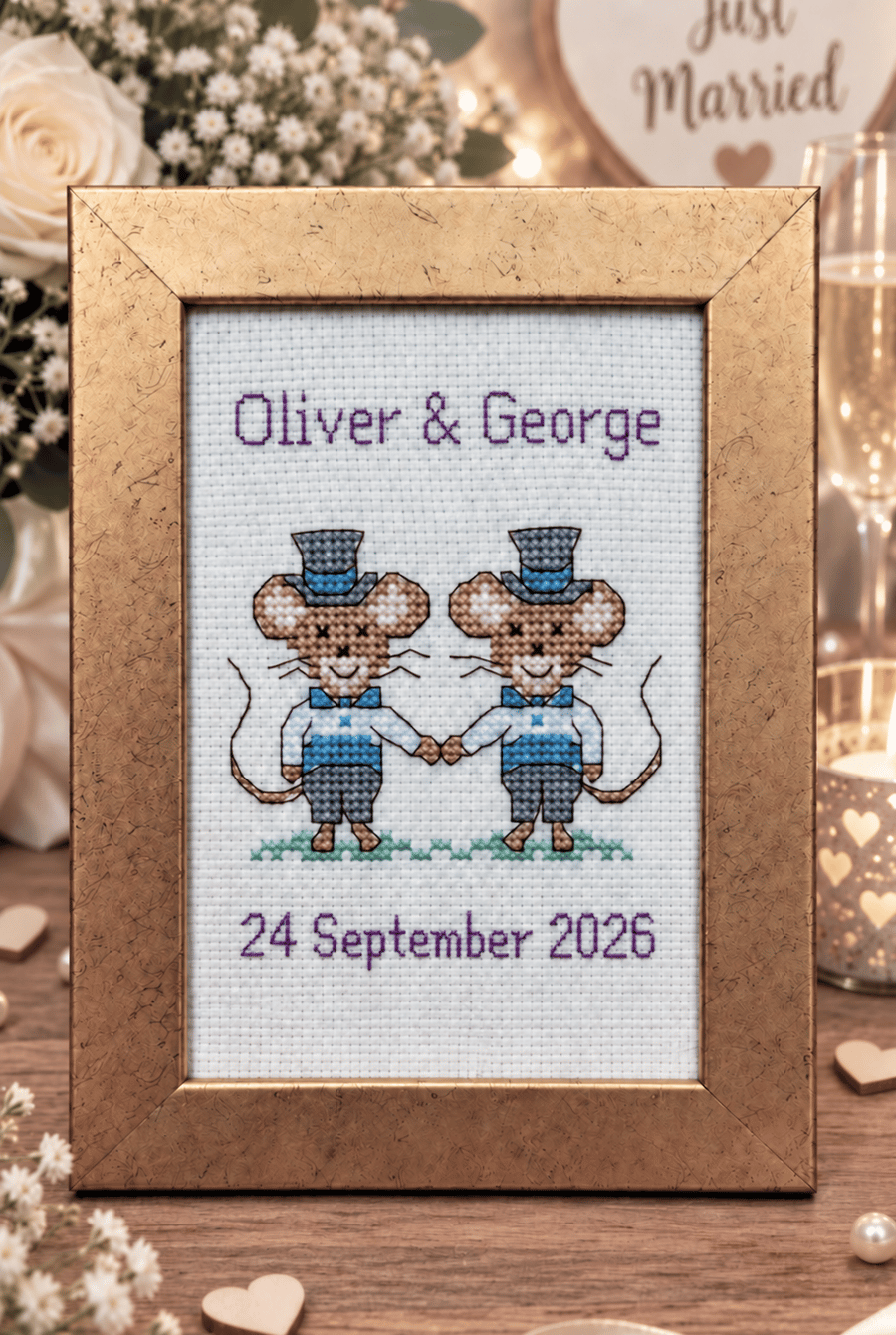 Image of Personalised Wedding Mice Cross Stitch – Framed Keepsake - Grooms