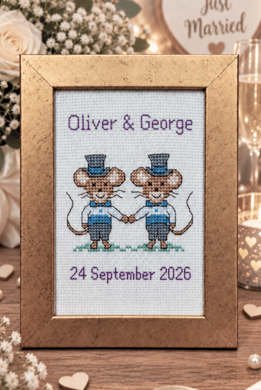 Handmade Cross Stitch Personalised Two Grooms Wedding Keepsake – 6x4"