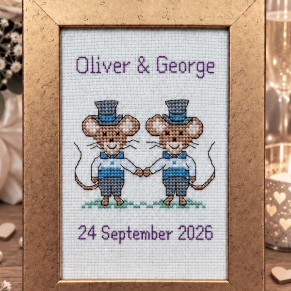 Handmade Cross Stitch Personalised Two Grooms Wedding Keepsake – 6x4"
