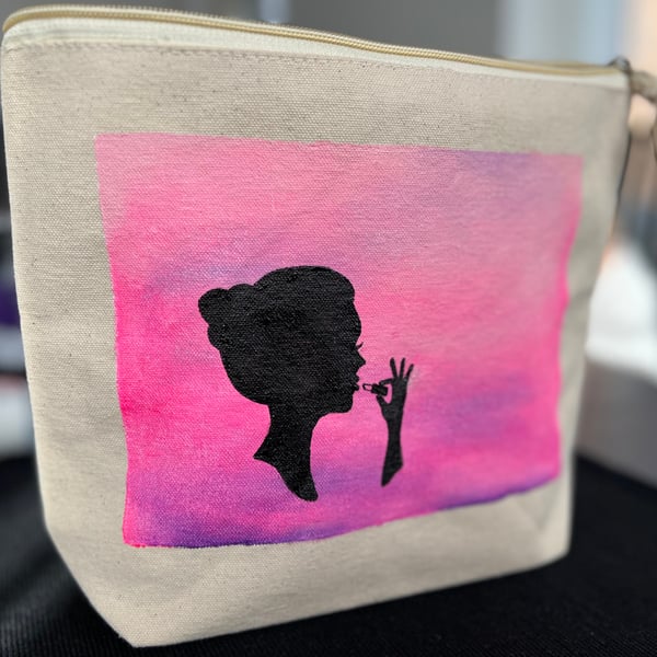 Unique hand-painted makeup bag, Lady silhouette