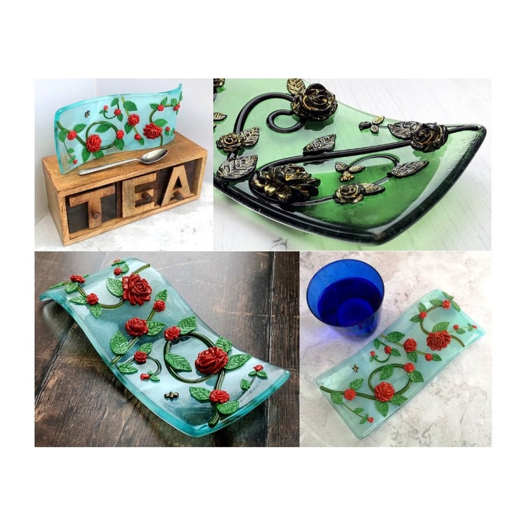 Handmade Fused Glass Curved Free Standing Roses Picture - Floral Suncatcher