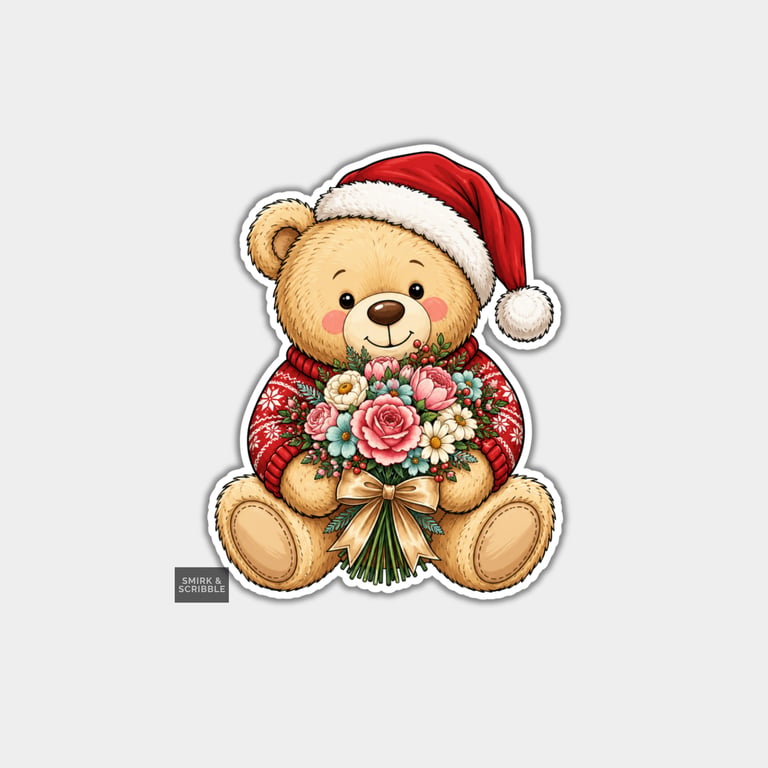 Funny Christmas Sticker Vinyl Xmas Decal For Adults - Teddy Bear With Flowers