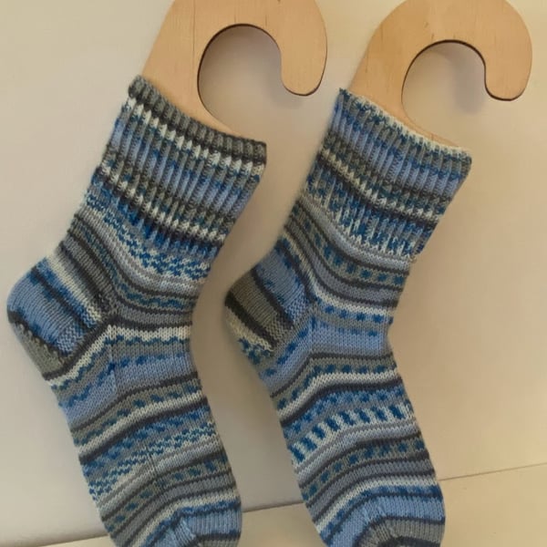 Ladies Hand Knitted Socks - Merino Yarn, Rosanna Blue