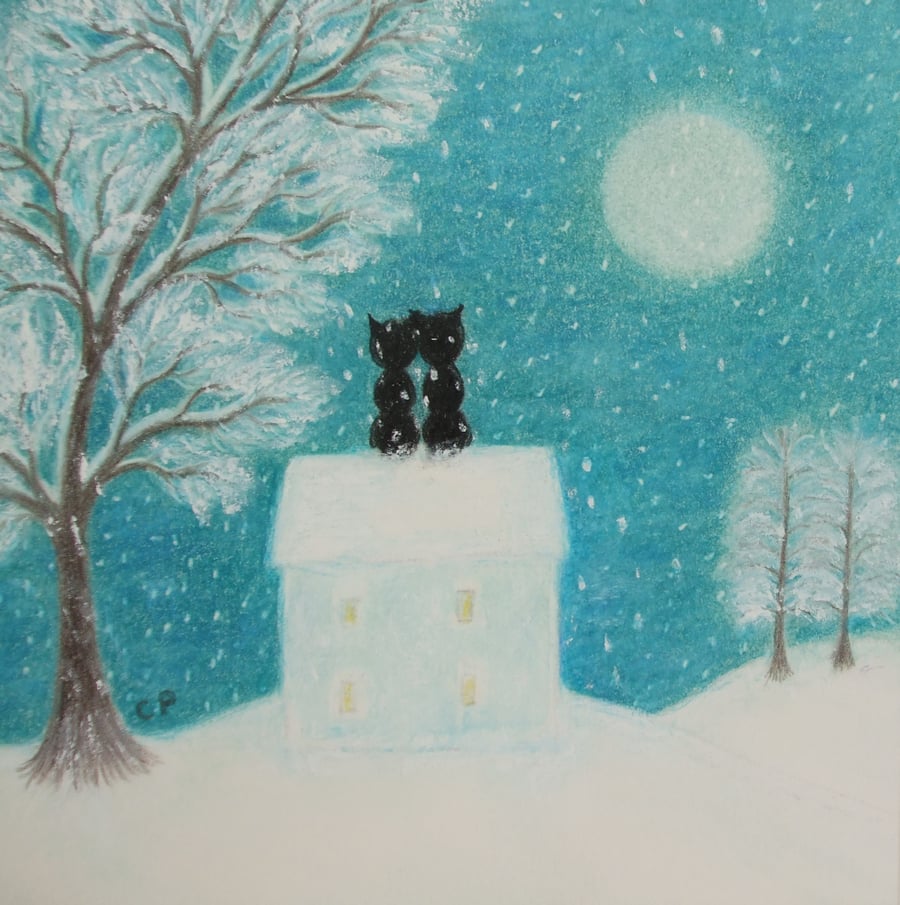 Romantic Christmas Cat Card, Two Black Cats Moon, House Snow Card, New Home 