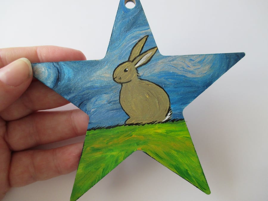 Bunny Rabbit Star Hand Painted Picture Original Art on Wooden Star