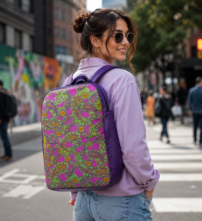 Backpack rucksack purple vinyl green pink purple paisley cotton rucksack