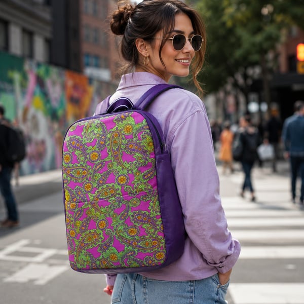 Backpack rucksack purple vinyl green pink purple paisley cotton rucksack