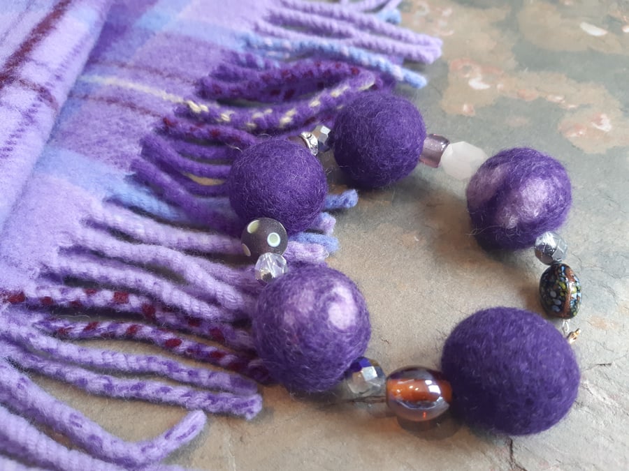 dark purple felt ball beaded chunky bracelet