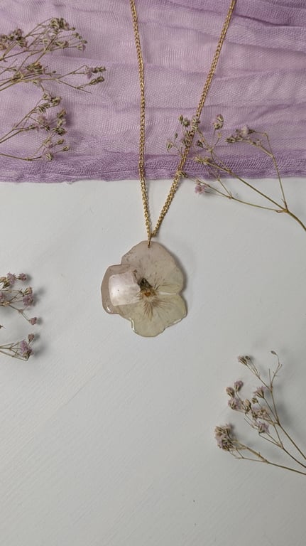 Pressed Pansy Dried Flower Gold Necklace