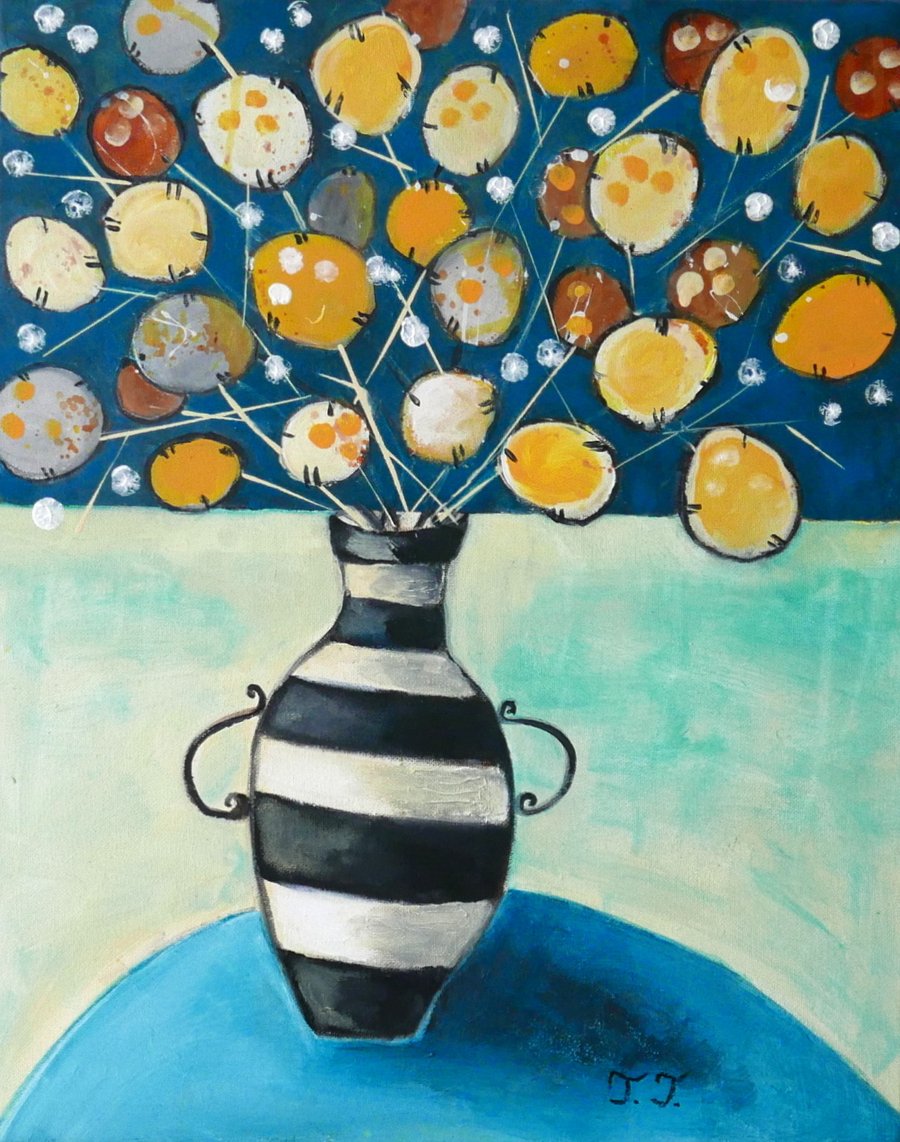 Honesty Flower Still Life Painting, Acrylic Original Artwork for Home Decor