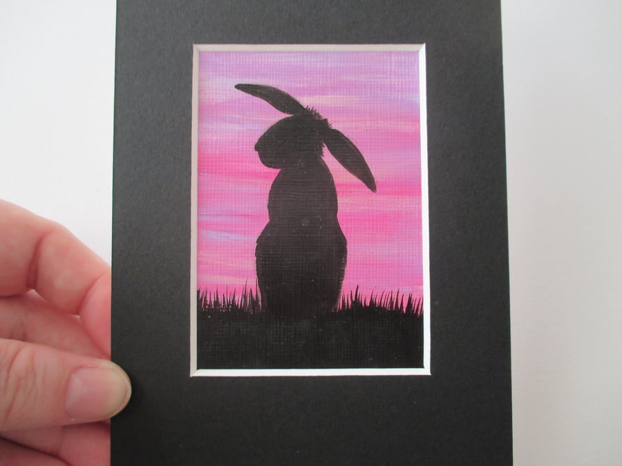 ACEO bunny rabbit silhouette purple sky original miniature art painting picture 