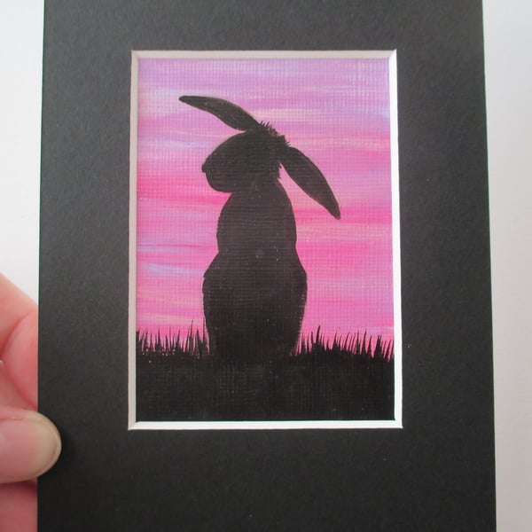 ACEO bunny rabbit silhouette purple sky original miniature art painting picture 