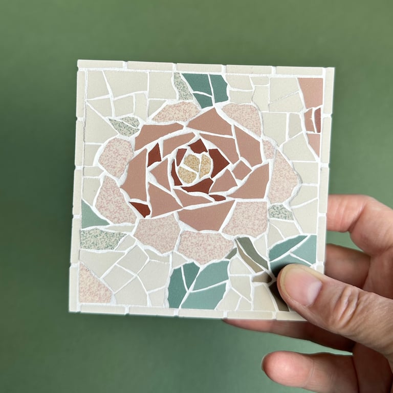 Original Floral Art - Pink Rose Mosaic Wall Plaque in White