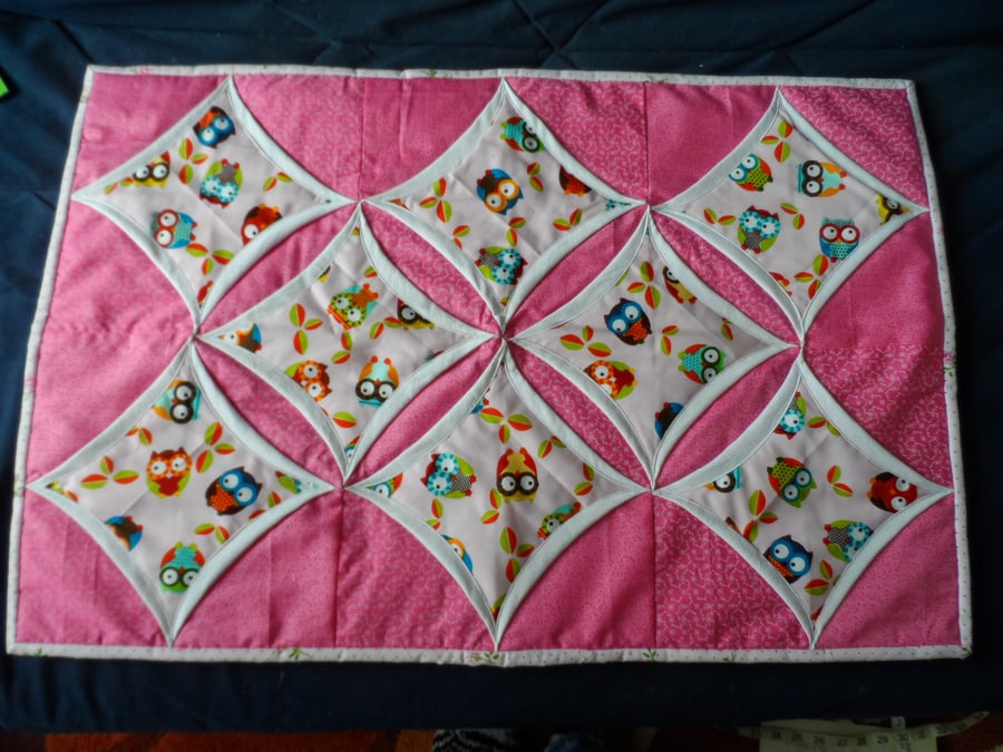 Homemade Pink owl Cathedral window design table runner
