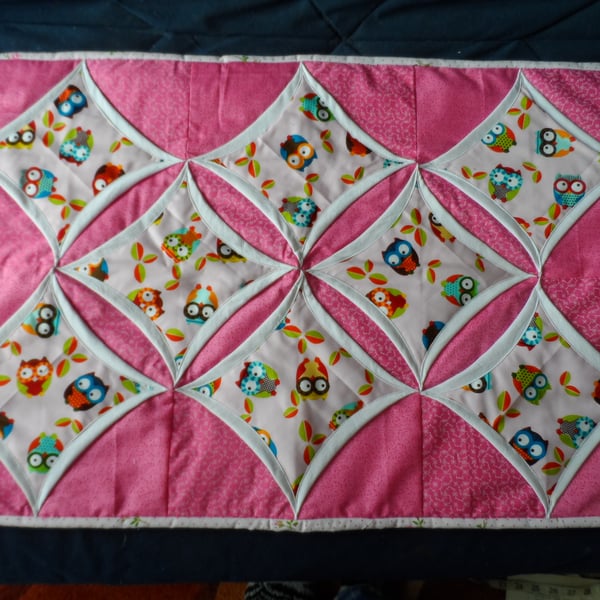Homemade Pink owl Cathedral window design table runner