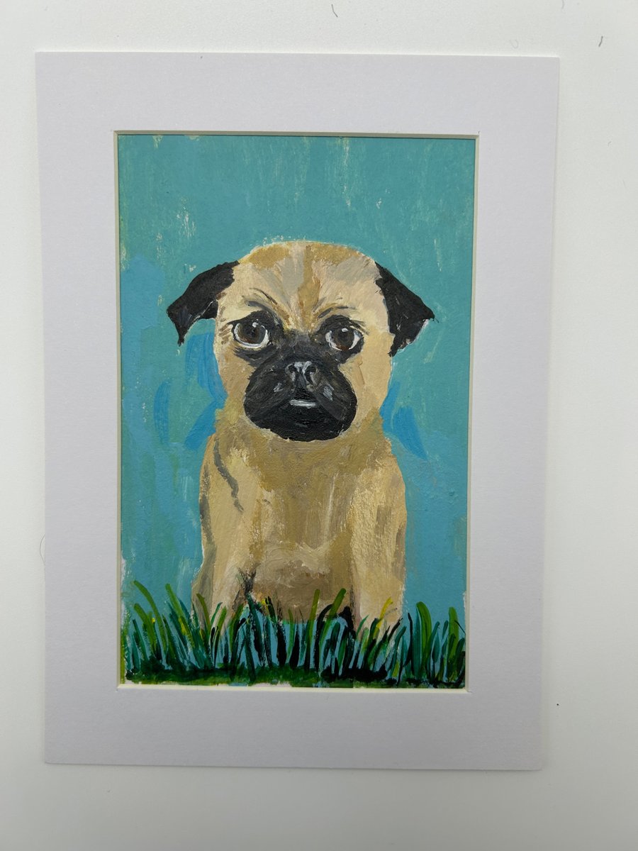 Original pug portrait. Colourful, 5x7" acrylic 
