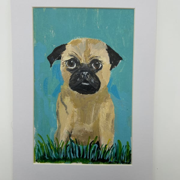Original pug portrait. Colourful, 5x7" acrylic 