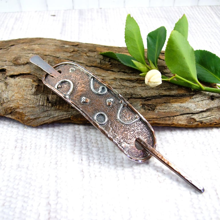 Hair Barrette, Copper Hair Slide with Sterling Silver Circles Accents