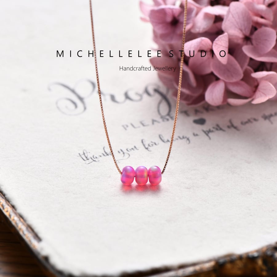 Pink Opal Bead Necklace with 925 Sterling Silver Chain