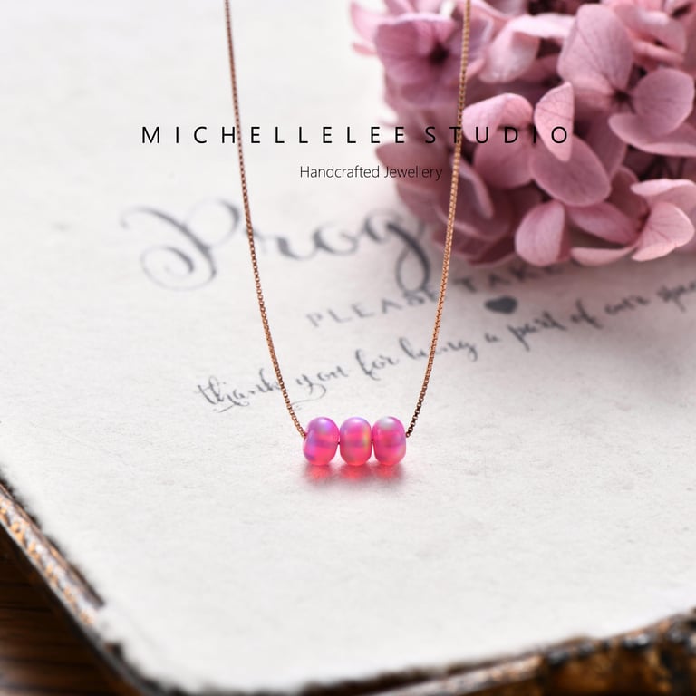 Pink Opal Bead Necklace with 925 Sterling Silver Chain
