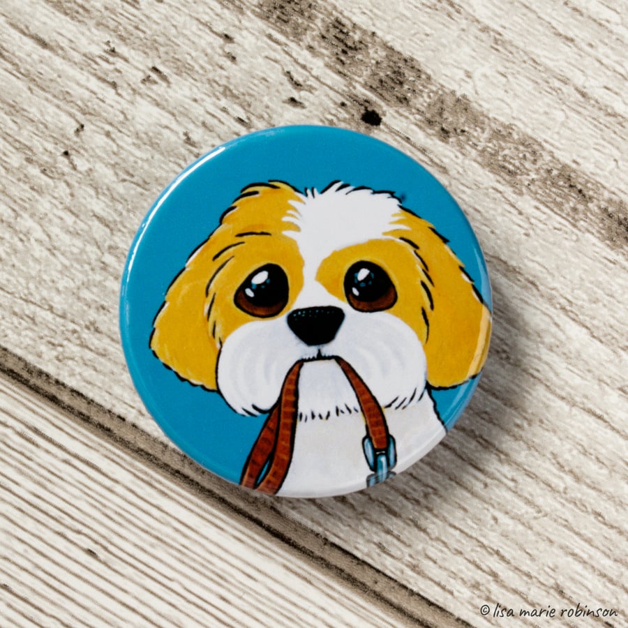 Shih Tzu with Lead Walkies Button Badge - 38mm