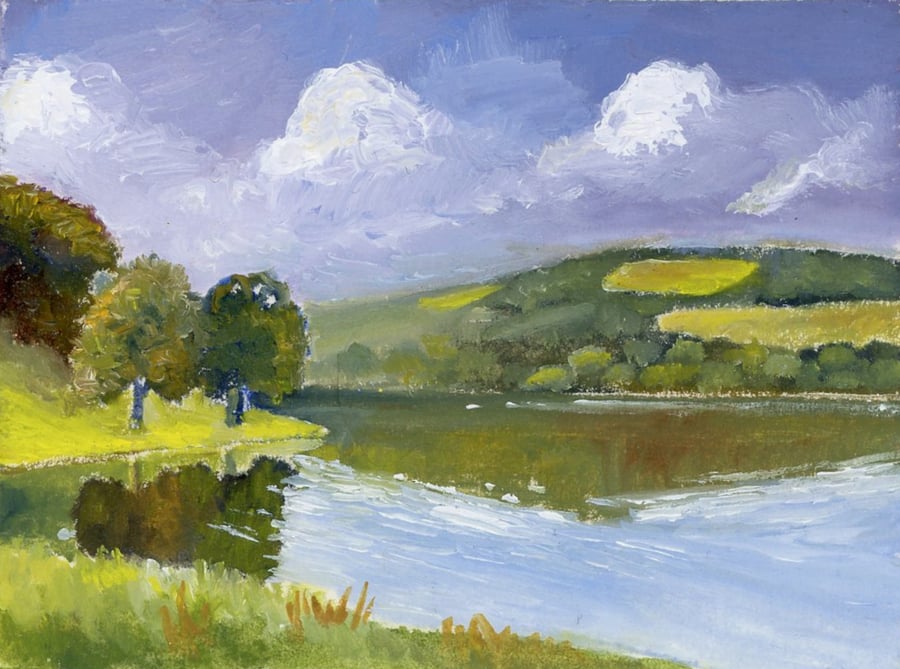 Tranquil Lake---ACEO card painted with oils