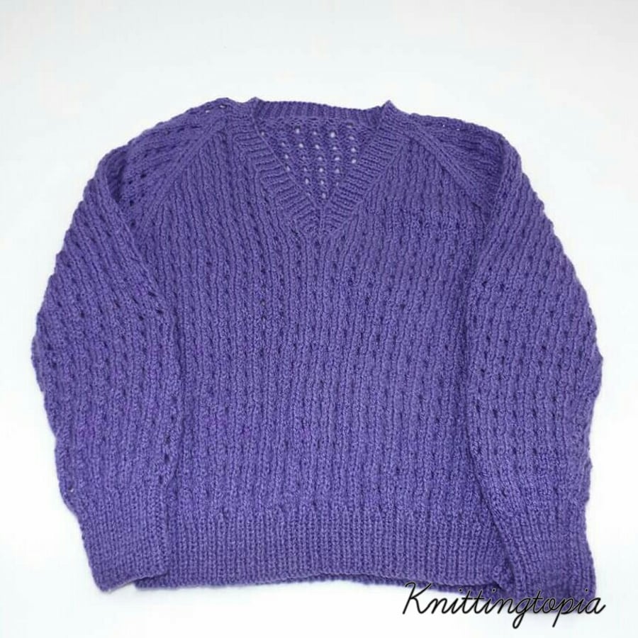 Hand knitted boys girls purple jumper to fit 26 inch chest 