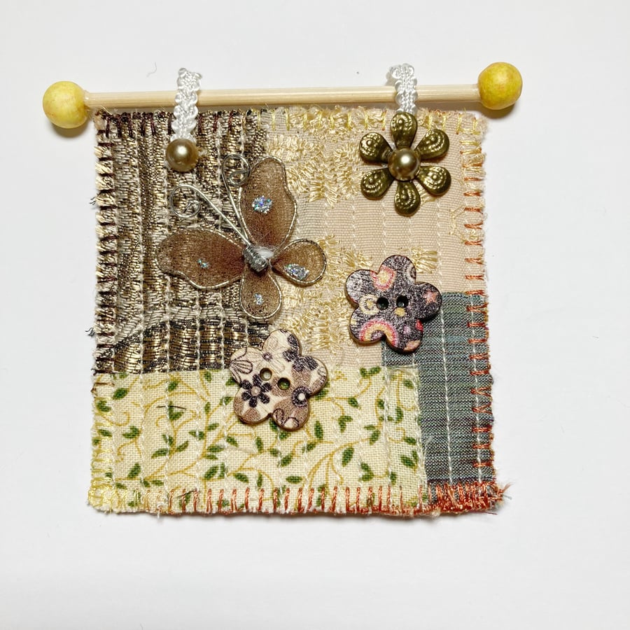 Miniature picture, quilted patchwork with butterfly and flowers