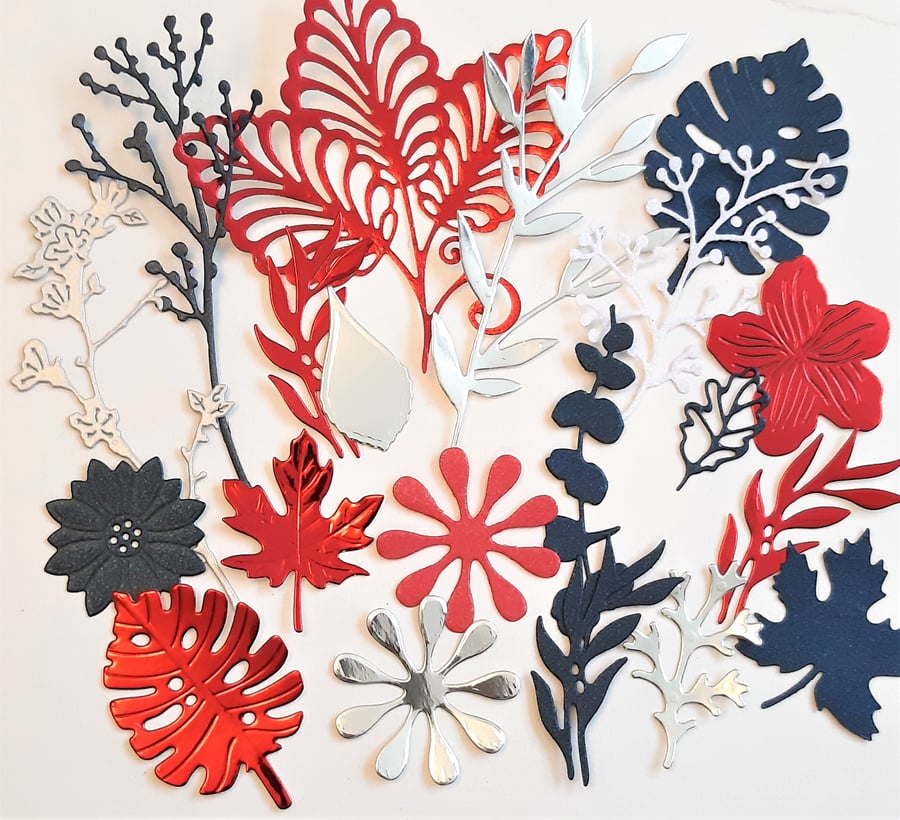 Botanical die cuts - red, white, blue and silver