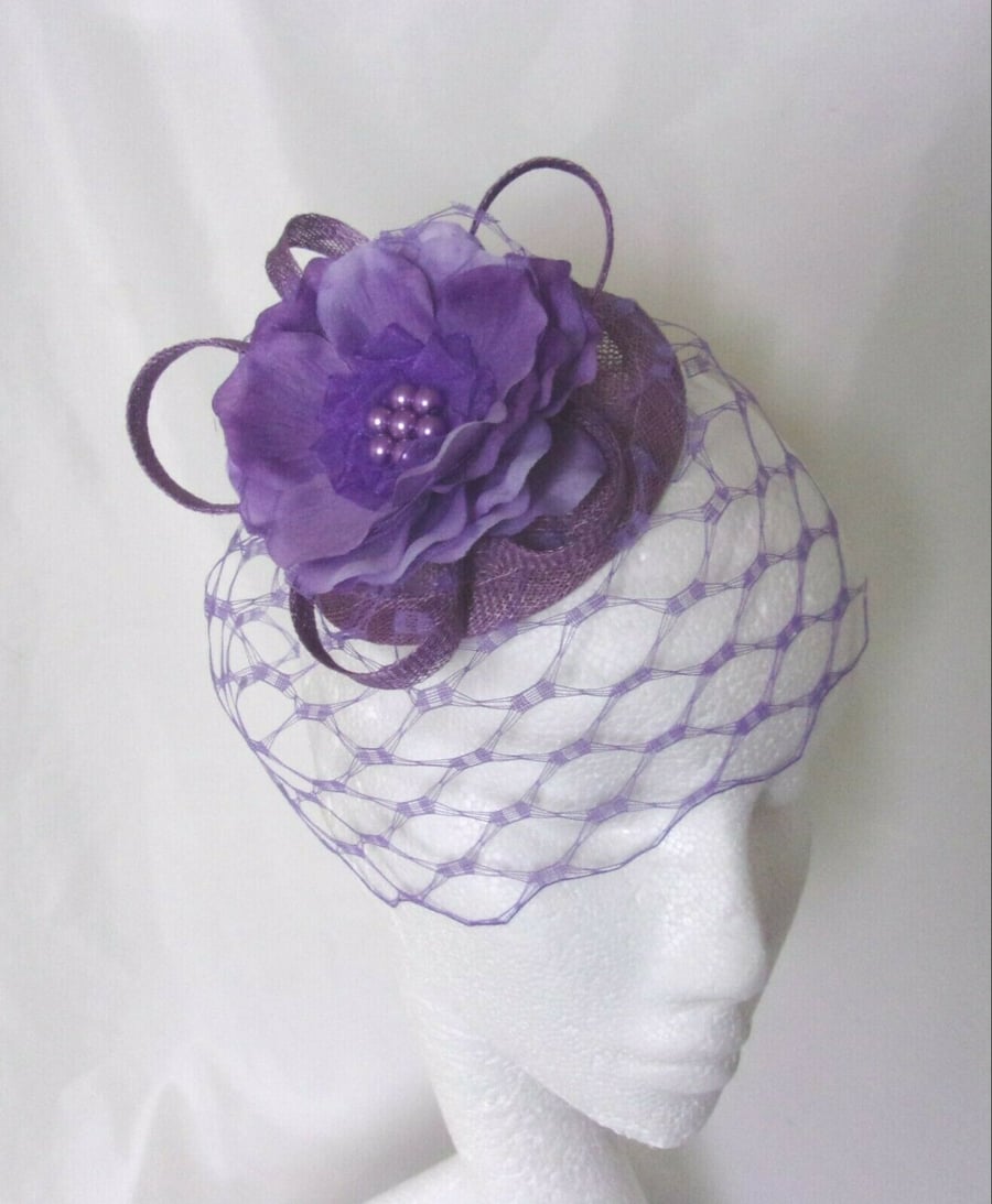 Ultraviolet Purple & Lilac Vintage Style Flower & Veil Fascinator Hat