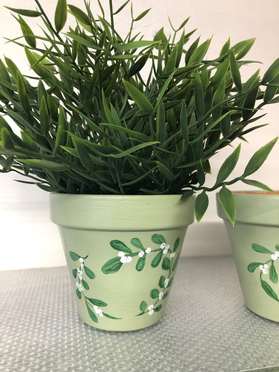 Hand Painted Mistletoe on sage green base Christmas pot SOLD