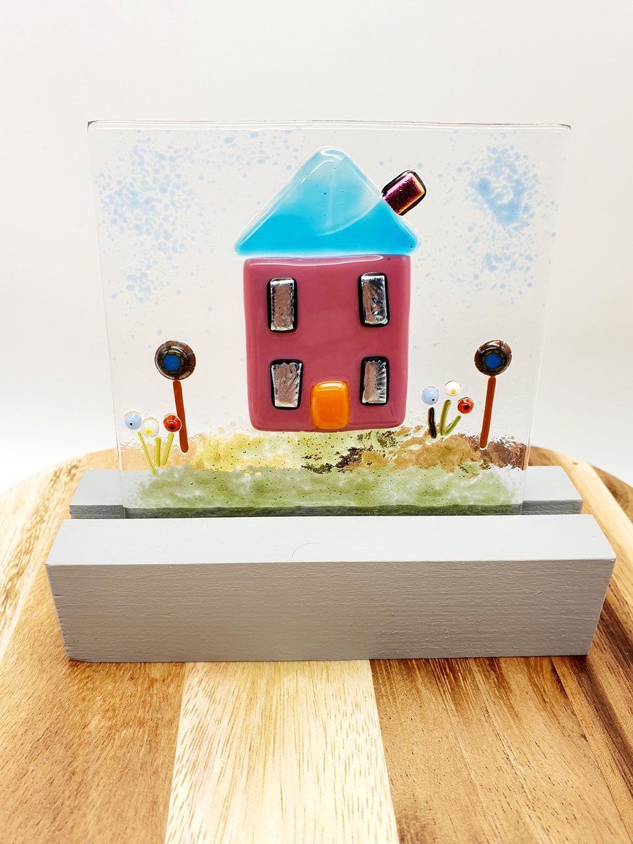 SALE -Fused Glass Tile in A Wooden Stand ‘House on a Hill’