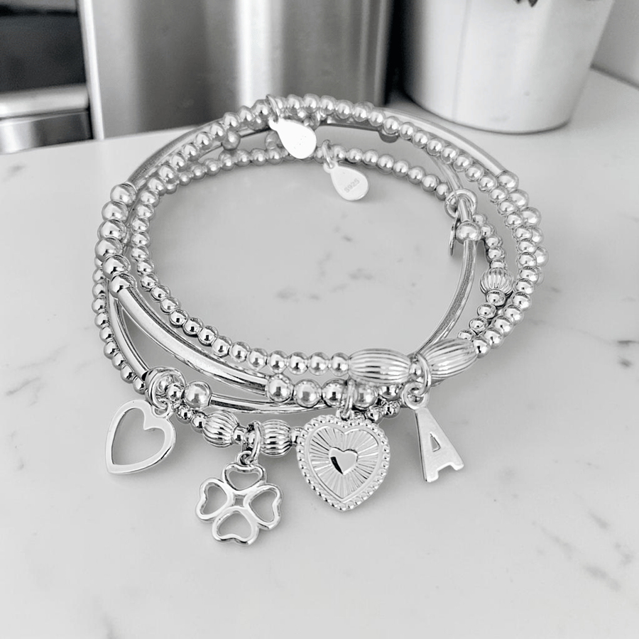 Sterling Silver Initial and Muti Charm Personalised Stretch Stacking Bracelets
