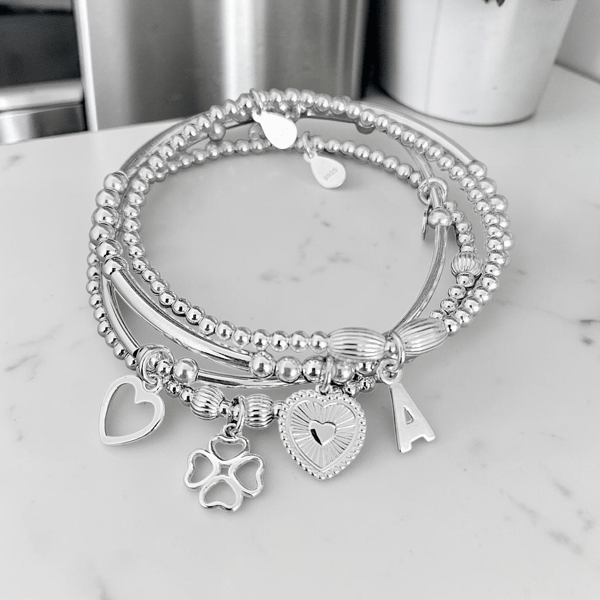 Sterling Silver Initial and Muti Charm Personalised Stretch Stacking Bracelets