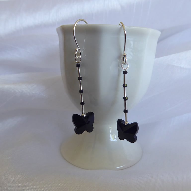 Swarovski Jet Crystal Butterflies (large) and Sterling Silver Earrings