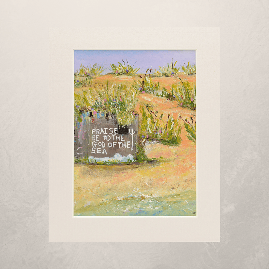 A Mounted Painting of Graffiti on a Bunker at the Beach.  10 x 8 inches.